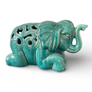 VTG Turquoise Crackle Glaze Ceramic Good Luck Elephant Sculpture Reticulated Cut